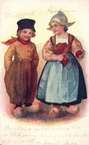 Vintage Postcard 1910 Portrait Dutch Children Boy and Girl Traditional Costumes