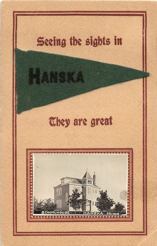 G34/ Hanska Minnesota RPPC Felt Pennant Postcard c1910 School House 8