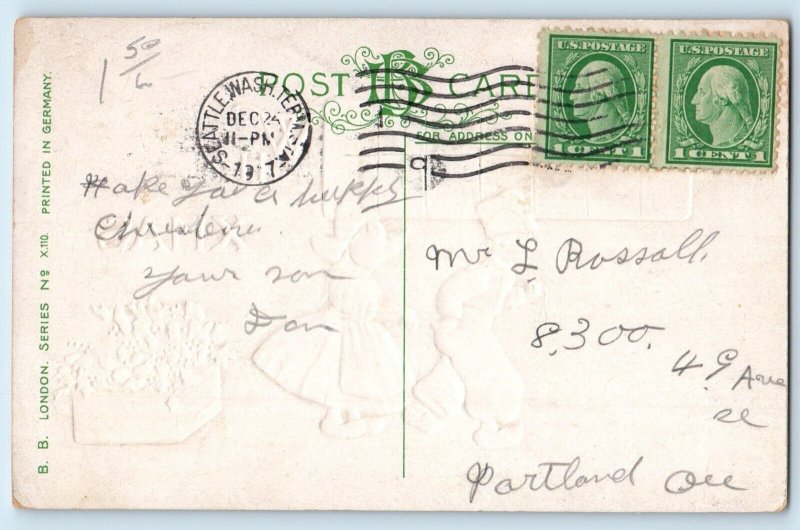 1917 Christmas Dutch Kids Pulling Holly Berries Windmill Embossed Postcard