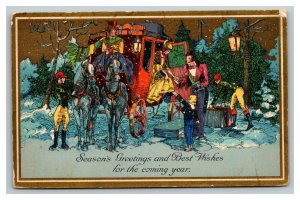Vintage 1900's Christmas Postcard Fine Horse Drawn Carriage Gold Face Border