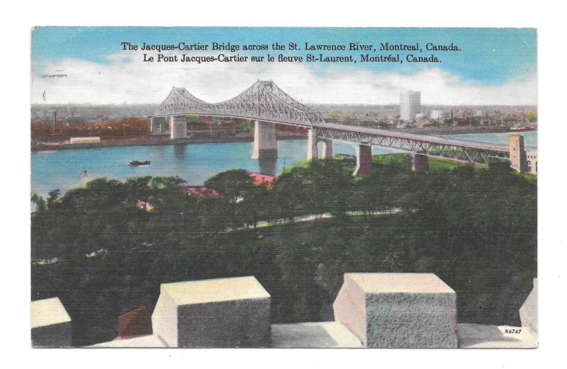 Canada Montreal Jacques Cartier Bridge St Lawrence River Vintage Linen Postcard