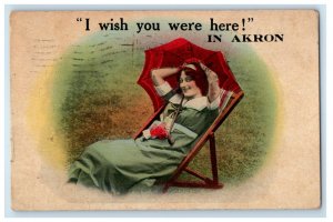 1915 Girl Sitting Chair Umbrella , I Wish You Were Here Akron Ohio OH Postcard 