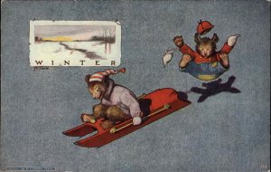 Bears Sledding in Winter GREAT ART c1910 Postcard