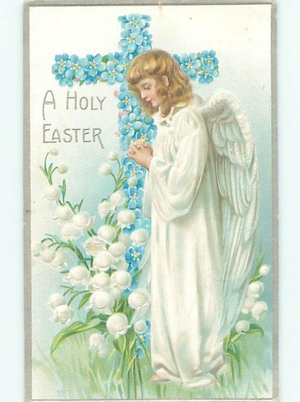 Pre-Linen Easter BEAUTIFUL ANGEL BESIDE CROSS OF FORGET-ME-NOT FLOWERS AB4013