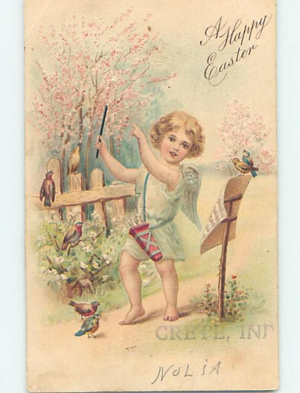 Pre-Linen easter ANGEL MUSIC CONDUCTOR WITH BATON & BIRDS ON SHEET MUSIC HL1082