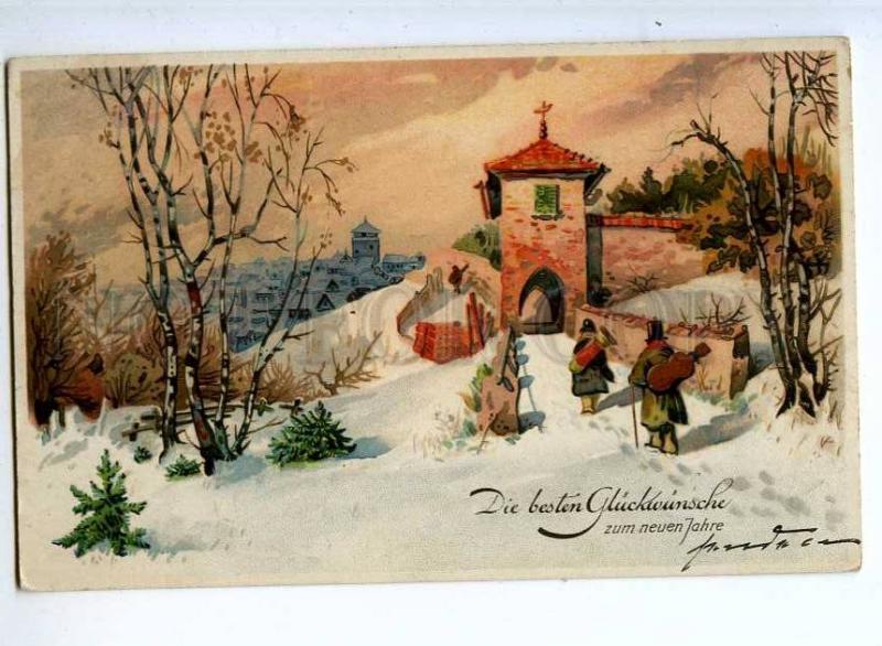 240466 NEW YEAR Street Musician near CHURCH Vintage postcard