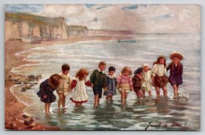 Children Wading In Ocean Just A Line Tuck Oilette Beach Scene Postcard N23