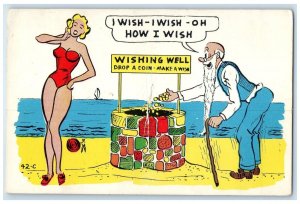 1960 Old Man Dropping A Coin Wishing Well Pretty Lady Sexy Vintage Postcard