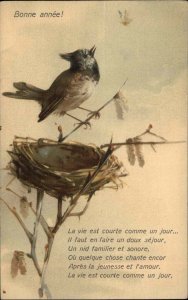Birthday Bonne annee French Poem Song Bird in Nest c1910 Postcard