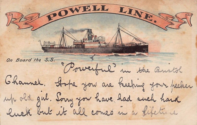 POWELL LINE SHIPPING-ON BOARD THE S S POWERFUL~1904 POSTCARD