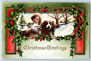 Christmas Postcard Greetings Little Girl And Dog Holly Berries Winter Scene