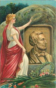 Artist C-1910 Patriotic President Lincoln Woman Wreath Postcard 21-5556