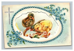 Vintage 1910's Easter Postcard Cute Chicks Blue Flowers Silver Cross - Beautiful