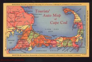 TOURISTS AUTO MAP OF CAPE COD MASSACHUSETTS MASS. VINTAGE LINEN POSTCARD