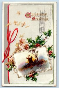 Quincy IL Postcard Christmas Greetings Holly Berries Windmill Winter Scene Tuck