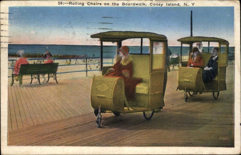 Coney Island NY Rolling Chairs on Boardwalk Vintage Postcard