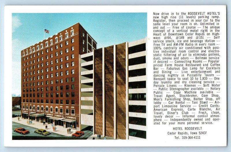Cedar Rapids Iowa IA Postcard Hotel Roosevelt Building Exterior c1960's Vintage
