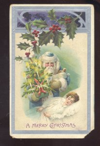 SANTA CLAUS WITH BLUE ROBE SLEEPING GIRL VINTAGE CHRISTMAS POSTCARD PANA ILL.