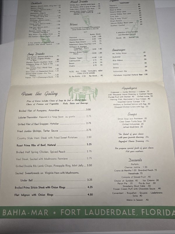 Vintage 50s THE CHART ROOM Restaurant Menu BAHIA-MAR Hotel Ft Lauderdale Florida