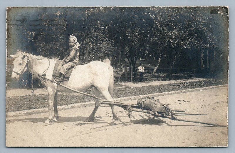 AMERICAN INDIAN BOY HORSE TRAVOIS ANTIQUE REAL PHOTO POSTCARD RPPC