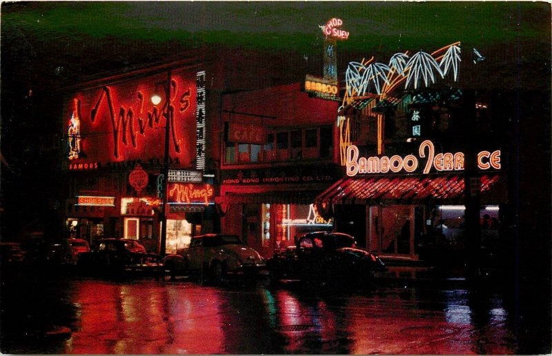 Postcard 1950s Canada Vancouver Night Neon Lights Chinatown occupation CD24-3268