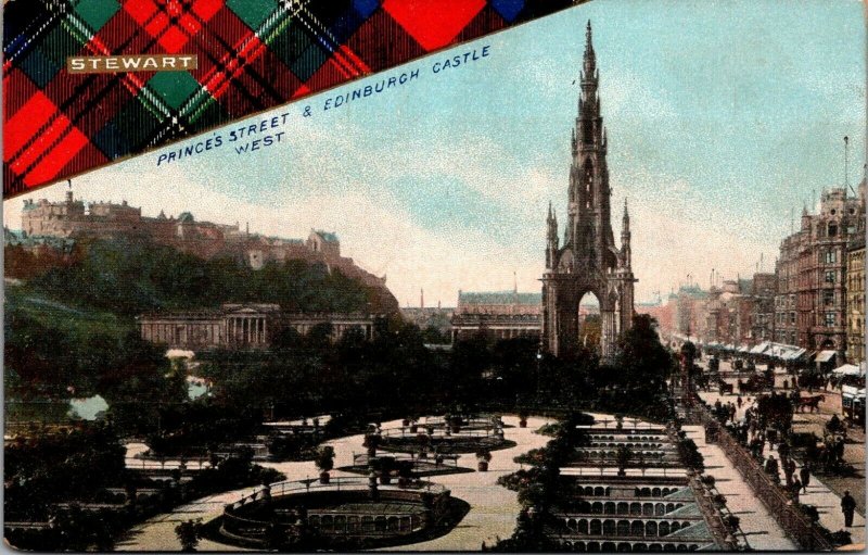 Princes Street Edinburgh Castle West Stewart Clan Tartan vtg postcard