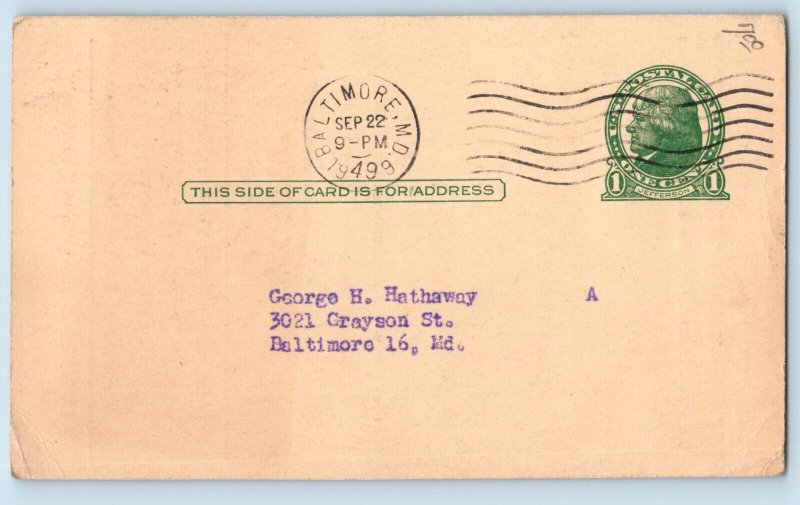 Baltimore Maryland MD Postal Card World Theatre Louis Jouvet Saraband 1949