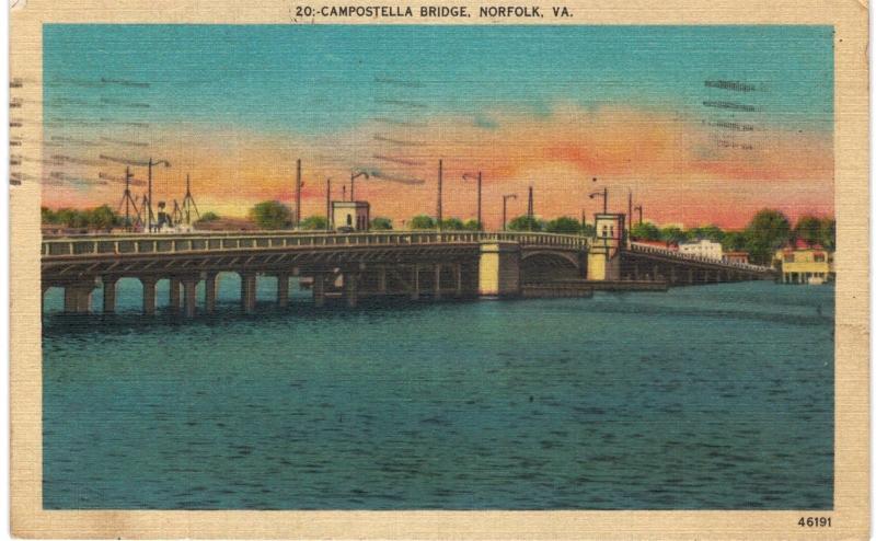 Norfolk Va Campostella Bridge Linen 1943 Hippostcard