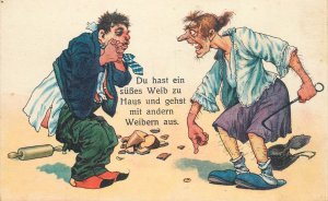 B583 German humor depicting angry woman marital dispute comic caricature
