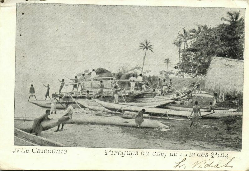 New Caledonia, ISLE OF PINES, Native Kanak People with Pirogues (1905) Postcard