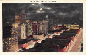 Dallas Texas~Skyline @ Night~Moon Above Skyscrapers~1946 Linen Postcard