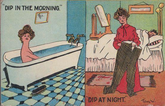 Dip In The Morning At Night Bathtub Bath Bed Old Comic Humour Postcard