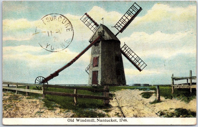 VINTAGE POSTCARD THE OLD WINDMILL AT NANTUCKET MASS POSTED IN FRANCE 1920