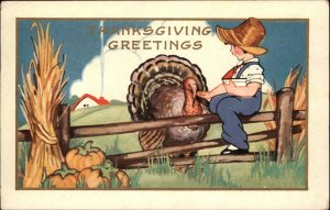 Whitney Thanksgiving Little Boy Farmer Feeds Turkey Vintage Postcard