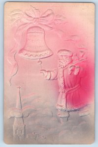Christmas Postcard Santa Claus With Sack Of Toys Ringing Bell Church Airbrushed