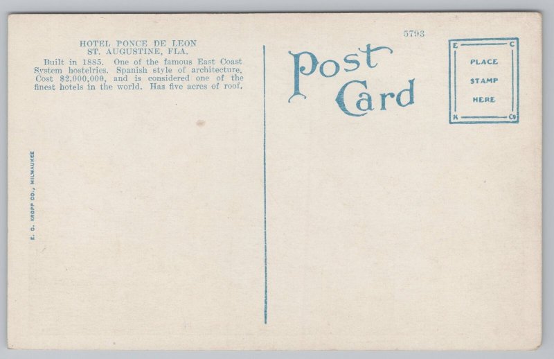 Hotel Ponce De Leon~Built 1885~Distant View~St. Augustine Fl~Vintage Postcard