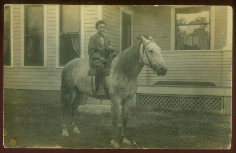 100420 VINTAGE RPPC REAL PHOTO POSTCARD BOY ASTRIDE A PONY HORSE ALEDO IL 1911