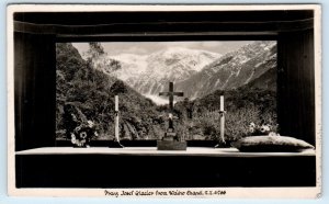 RPPC WAIHO, NZ New Zealand    FRANZ JOSEF GLACIER from  Chapel  c1940s Postcard