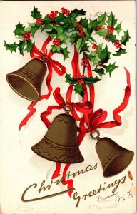 Christmas Greetings Bells and Holly, Ellen Clapsaddle c1908 Vintage Postcard N75