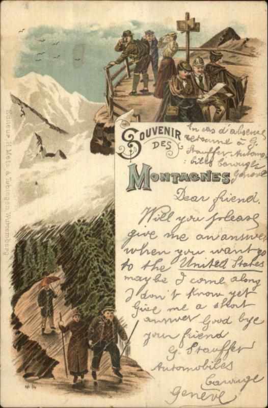 Swiss Mountain Climbing Hiking Tourists Rain Souvenir des Montagnes c1900