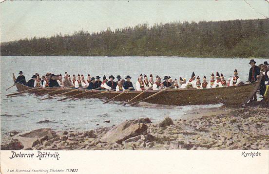 Sweden Dalarne Raettvik River Scene With Large Boat and People Rowing