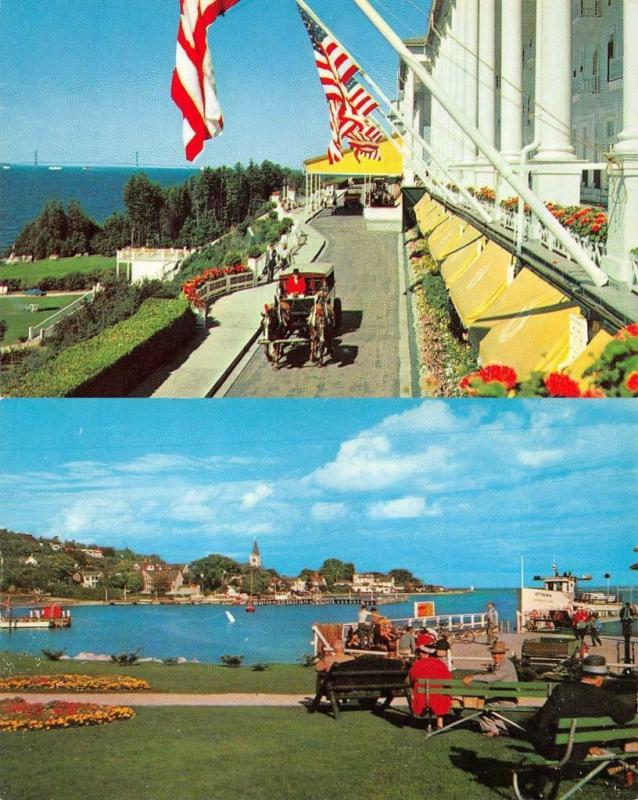 MACKINAC ISLAND, MI Michigan HARBOR & GRAND HOTEL Carriage TWO Chrome Postcards