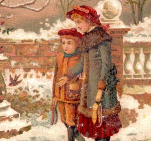 1880s Victorian Trade Card Winter Scene Adorable Girls Snow Birds &T