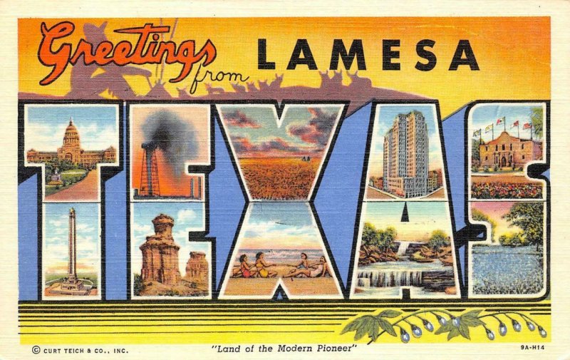 LAMESA, TX Large Letter Linen Texas Greetings c1940s Unused Vintage Postcard