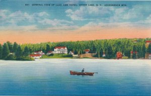 View of Hotel and Rowboat on Otter Lake NY, Adirondacks, New York - Linen