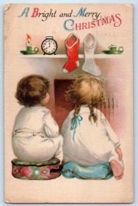 1923 Christmas Children Hanging Stockings Clock Wolf Brooklyn NY Posted Postcard