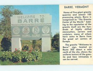 Pre-1980 WELCOME SIGN ON POSTCARD Barre Vermont VT hn5505