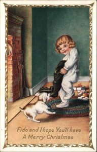 Whitney Christmas Little Boy Fights with Puppy Dog Over Stocking c1910 Postcard