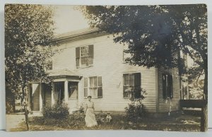 Real Photo Victorian Era Woman with Adorable Puppy in Yard RPPC Postcard P11