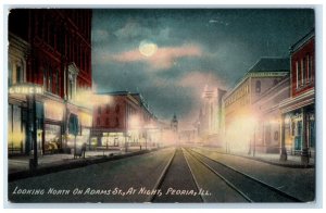 c1910 Looking North  Adams St. At Night Peoria Illinois Vintage Antique Postcard